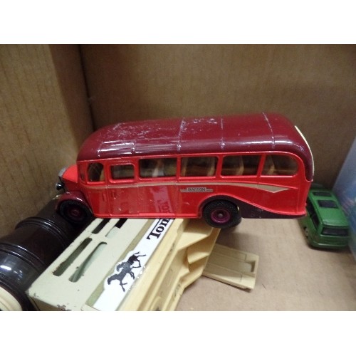 240 - MIXED LOT. BOX INCLUDES TONKA BULLDOZER & HORSE TRUCK, OLD WOODEN SKIPPING ROPE, CORGI DIE-CAST BUS.... 