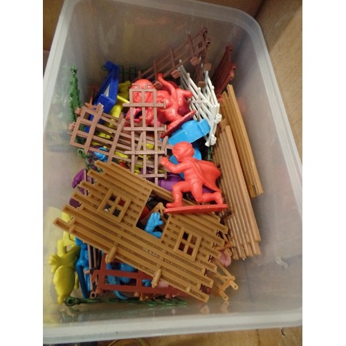 240 - MIXED LOT. BOX INCLUDES TONKA BULLDOZER & HORSE TRUCK, OLD WOODEN SKIPPING ROPE, CORGI DIE-CAST BUS.... 