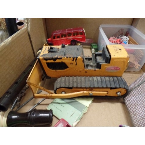 240 - MIXED LOT. BOX INCLUDES TONKA BULLDOZER & HORSE TRUCK, OLD WOODEN SKIPPING ROPE, CORGI DIE-CAST BUS.... 