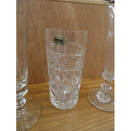 384 - GLASSWARE. INC TALL SOUTHFORK RANCH FLUTES, LEAD CRYSTAL ETC.