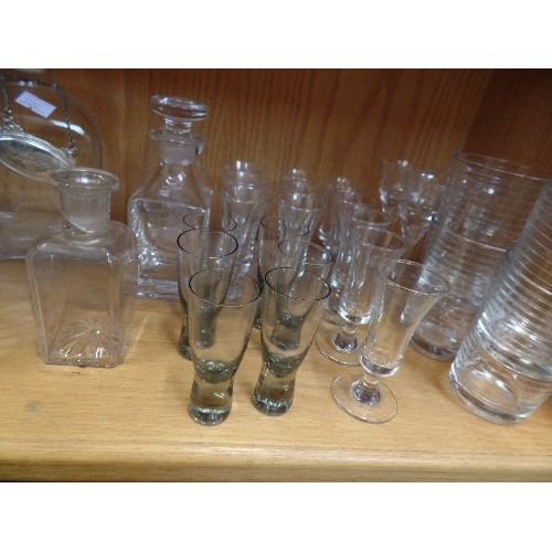 378 - SHELF FULL OF GLASSWARE. INC MODERN DECANTERS, SKULL DECANTER, FAMOUS GROUSE MEASURES, SHOT GLASSES ... 