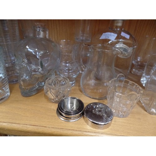 378 - SHELF FULL OF GLASSWARE. INC MODERN DECANTERS, SKULL DECANTER, FAMOUS GROUSE MEASURES, SHOT GLASSES ... 