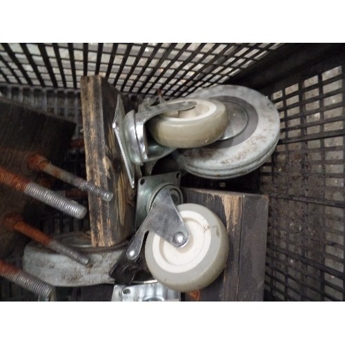 277 - 2 SETS OF HEAVY DUTY CASTORS WITH RUBBER TYRES. A LARGE SET, AND A SMALLER SET.