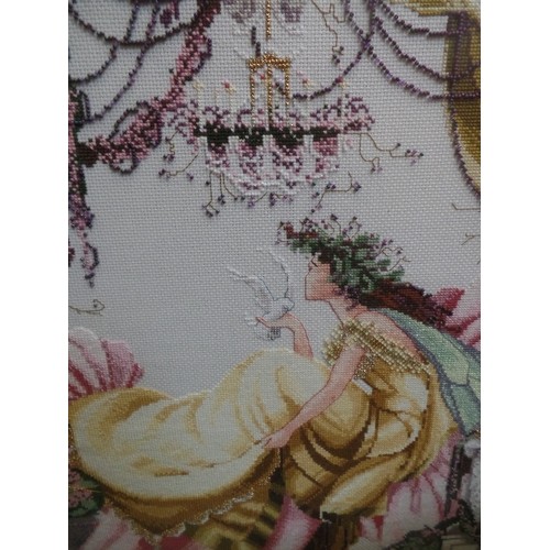 365 - FIRE SCREEN, WITH ATTRACTIVE CROSS-STITCH & BEADWORK DETAIL. WOMAN WITH DOVE AND WHITE RABBIT.