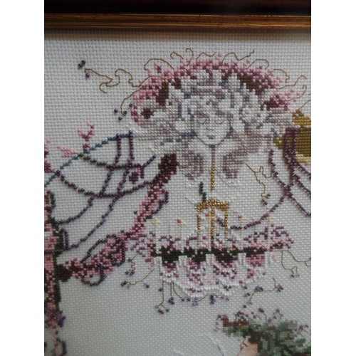 365 - FIRE SCREEN, WITH ATTRACTIVE CROSS-STITCH & BEADWORK DETAIL. WOMAN WITH DOVE AND WHITE RABBIT.