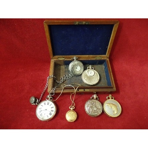 4 - VINTAGE MAHOGANY BOX AND 6 POCKET WATCHES - 2 VINTAGE, 1 GOLD METAL, VINTAGE CAR, FISH AND HALF HUNT... 