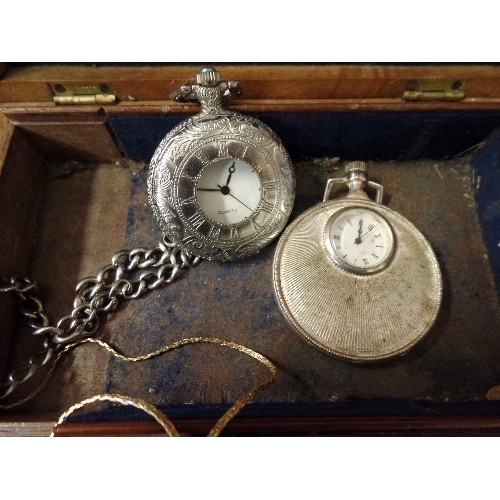 4 - VINTAGE MAHOGANY BOX AND 6 POCKET WATCHES - 2 VINTAGE, 1 GOLD METAL, VINTAGE CAR, FISH AND HALF HUNT... 