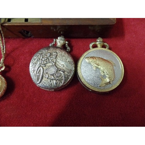 4 - VINTAGE MAHOGANY BOX AND 6 POCKET WATCHES - 2 VINTAGE, 1 GOLD METAL, VINTAGE CAR, FISH AND HALF HUNT... 