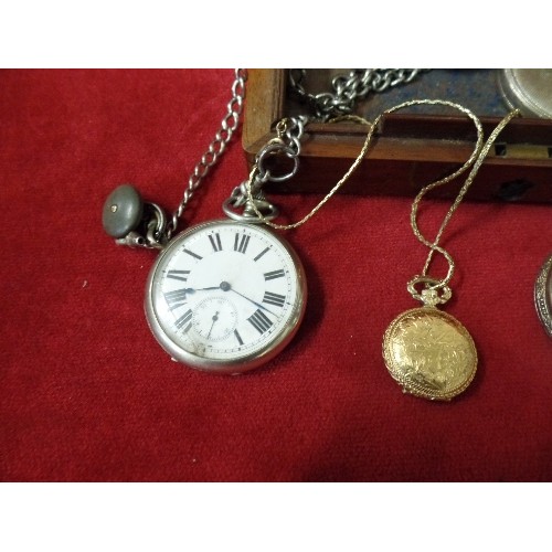 4 - VINTAGE MAHOGANY BOX AND 6 POCKET WATCHES - 2 VINTAGE, 1 GOLD METAL, VINTAGE CAR, FISH AND HALF HUNT... 