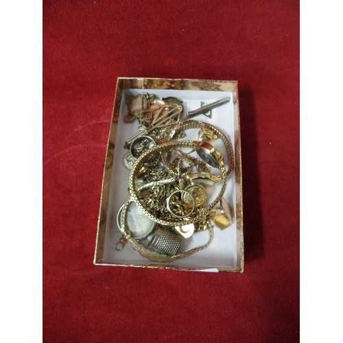 24 - BOX OF GOLD METAL JEWELLERY - CHAINS, CHARM BRACELET, PENDANT ETC