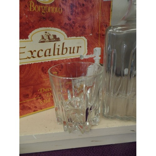 69 - BORGONOVO EXCALIBUR DECANTER WITH 6 WHISKEY TUMBLERS. WITH BOX.