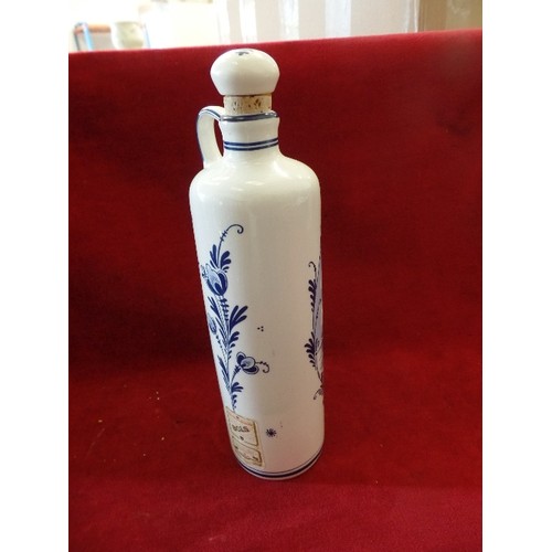 71 - TALL CERAMIC DELFT DECANTER WITH CORK STOPPER. MADE FOR BOLS ROYAL DISTILLERIES, HOLLAND.