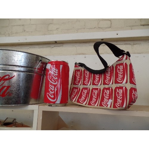 82 - COCA-COLA BRANDED MERCHANDISE. INC A LARGE GALVANISED ICE BUCKET, A BAG AND A MONEY-BOX CAN.