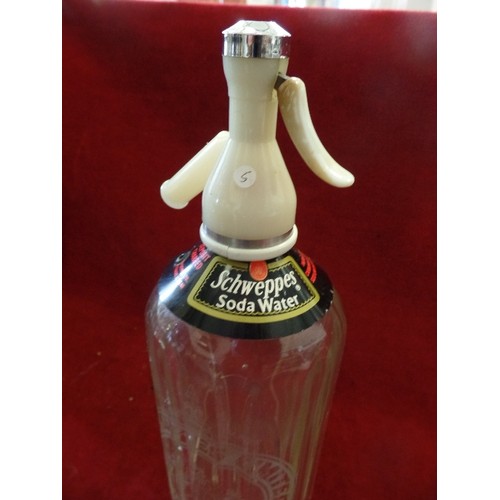 89 - RETRO SCHWEPPES BRANDED SODA SYPHON. STILL HAS COLLAR.