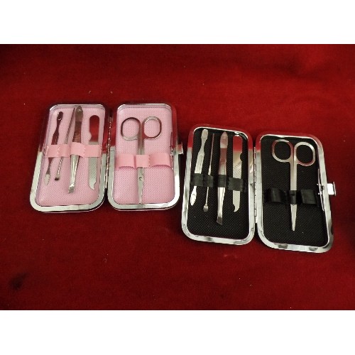 90 - QUANTITY OF BRAND NEW MANICURE SETS. INC TWEEZERS, NAIL SCISSORS ETC. WITH PINK AND BLACK CASES.