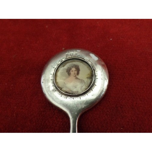 16 - EDWARDIAN MINIATURE STERLING SILVER CHATELAINE MIRROR, THE BACK WITH AN INSET PANEL OF A LADY -BIRM ... 