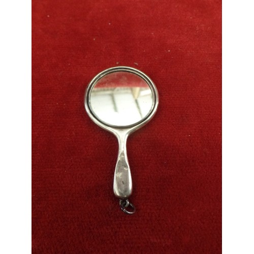 16 - EDWARDIAN MINIATURE STERLING SILVER CHATELAINE MIRROR, THE BACK WITH AN INSET PANEL OF A LADY -BIRM ... 