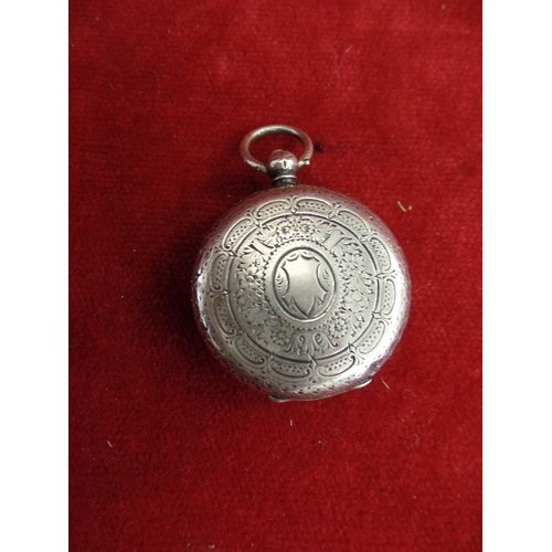 54 - 19TH CENTURY SILVER CASED POCKET WATCH - ENAMEL DIAL WITH ROMAN NUMERALS AND SECONDS DIAL. THE CASE ... 