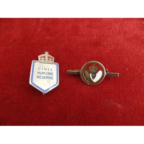 34 - VINTAGE STERLING SILVER AND ENAMEL CIVIL NURSING RESERVE PIN BADGE AND A SILVER GILT & ENAMEL BLOOD ... 