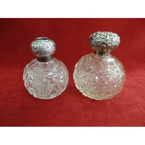 14 - TWO EARLY 20TH CENTURY CUT GLASS SCENT BOTTLES WITH SILVER TOPS, BIRM 1901, MILLER BROS AND BIRM 191... 