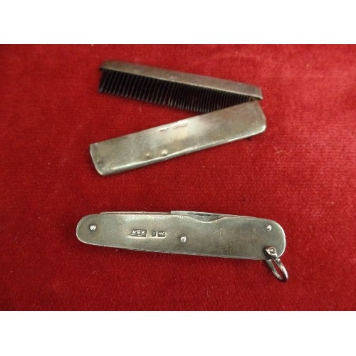 36 - EDWARDIAN MOUSTACHE COMB IN SILVER CASE - MARKS RUBBED, TOGETHER WITH A SILVER PENKNIFE, SHEFFIELD 1... 