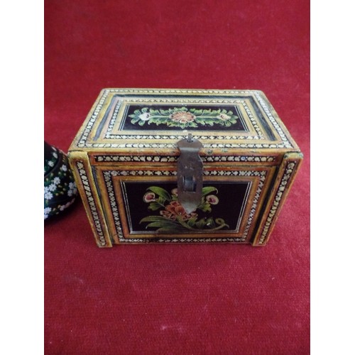 11 - AN UNUSUAL VINTAGE TRINKET BOX WITH DRAWER, HAND PAINTED WITH FLOWERS. DROP DOWN FRONT WITH BRASS CA... 