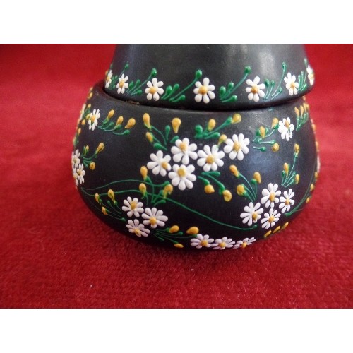 11 - AN UNUSUAL VINTAGE TRINKET BOX WITH DRAWER, HAND PAINTED WITH FLOWERS. DROP DOWN FRONT WITH BRASS CA... 