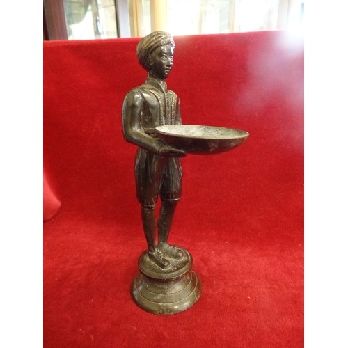 130 - A PATINATED BRONZE FIGURE OF A BLACKAMOOR CARRYING A BOWL - 28CM