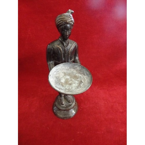 130 - A PATINATED BRONZE FIGURE OF A BLACKAMOOR CARRYING A BOWL - 28CM