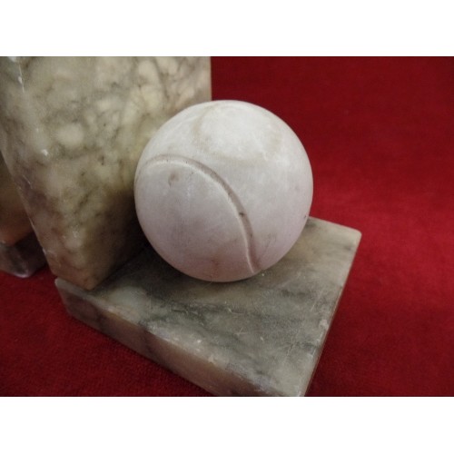 132 - A PAIR OF 20TH CENTURY ITALIAN CARVED ALABASTER TENNIS BALL BOOKENDS