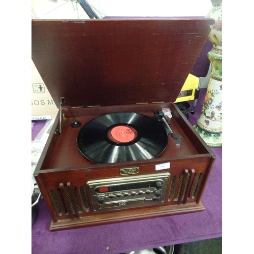 129 - 'VINTAGE STYLE GRAMOPHONE' TURNTABLE, CD PLAYER, RADIO. IN WOODEN CASING.