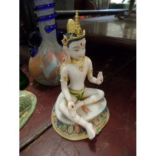 228 - GLASS & CERAMIC ITEMS. INCLUDES A GLASS PERFUME DECANTER, THAI BUDDHA, TALL GREEN GLASS VASE, HEDGEH... 