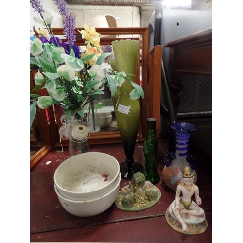 228 - GLASS & CERAMIC ITEMS. INCLUDES A GLASS PERFUME DECANTER, THAI BUDDHA, TALL GREEN GLASS VASE, HEDGEH... 