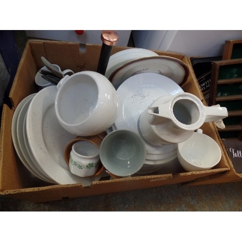 242 - LARGE MIXED BOX OF MAINLY WHITE DINNER SERVICE, ALSO CUTLERY, JUGS, COMMEMORATIVE AND OTHER ODDMENTS... 