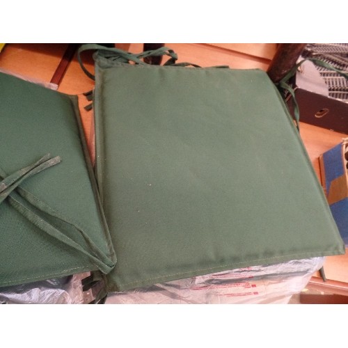 246 - SET OF 6 BRAND-NEW FOREST GREEN CHAIR CUSHIONS WITH TIES.