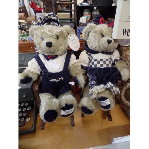 273 - PAIR OF LARGE COLLECTABLE TEDDY BEARS IN WOODEN ROCKING CHAIRS.  'MILLENIUM 2000 COLLECTION'  NAMED ... 