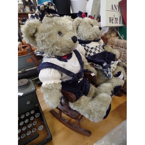 273 - PAIR OF LARGE COLLECTABLE TEDDY BEARS IN WOODEN ROCKING CHAIRS.  'MILLENIUM 2000 COLLECTION'  NAMED ... 