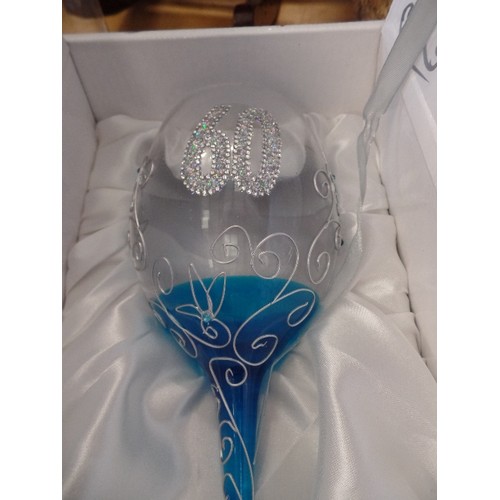 275 - LARGE TALLULAH HAND-PAINTED '60TH' BIRTHDAY WINE GLASS, WITH DIAMANTE AND SILVER DETAIL. NEW IN GIFT... 