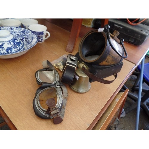 296 - MIXED VINTAGE LOT, INC LEATHER GOGGLES, MILITARY BRASS BUTTONS, A WOODEN CASK, A BROWNIE/GUIDE LEATH... 