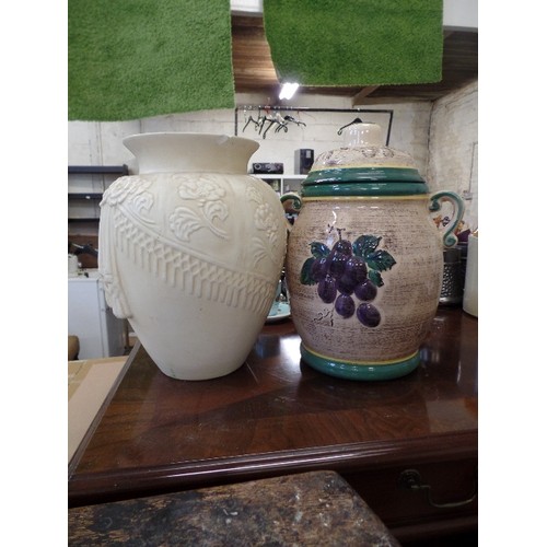 232 - LARGE RUMTOPF CROCK WITH LID. ALSO A LARGE CREAM VASE WITH EMBOSSED FLOWER DETAIL.