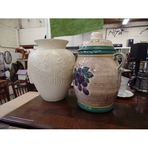 232 - LARGE RUMTOPF CROCK WITH LID. ALSO A LARGE CREAM VASE WITH EMBOSSED FLOWER DETAIL.