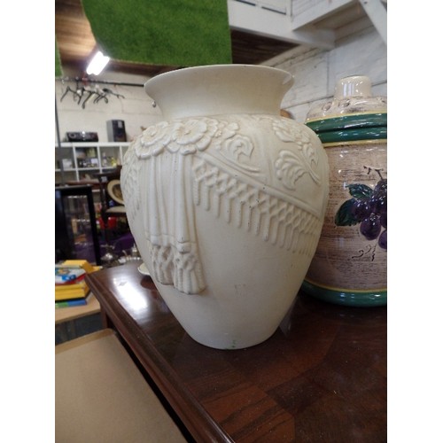 232 - LARGE RUMTOPF CROCK WITH LID. ALSO A LARGE CREAM VASE WITH EMBOSSED FLOWER DETAIL.