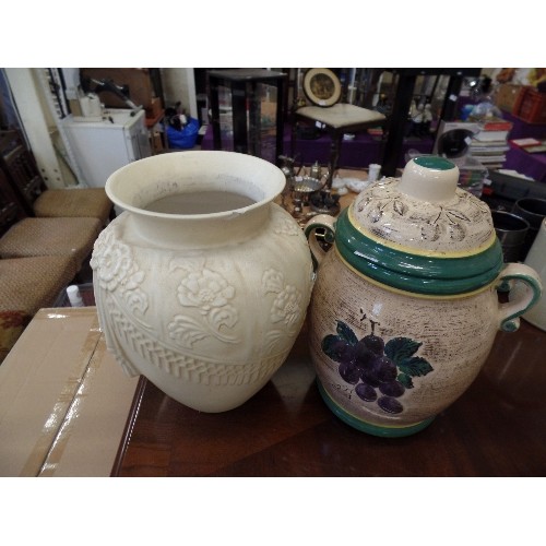 232 - LARGE RUMTOPF CROCK WITH LID. ALSO A LARGE CREAM VASE WITH EMBOSSED FLOWER DETAIL.