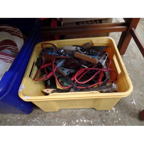 249 - LARGE BOX OF TOOLS, JUMP-LEADS ETC.