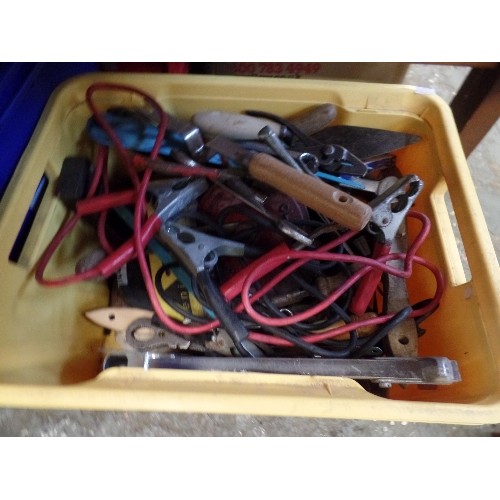 249 - LARGE BOX OF TOOLS, JUMP-LEADS ETC.