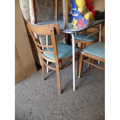 362 - RETRO KITCHEN TABLE AND CHAIRS. TABLE HAS BLUE FORMICA TOP AND TUBULAR LEGS. WOODEN CHAIRS HAVE AQUA... 