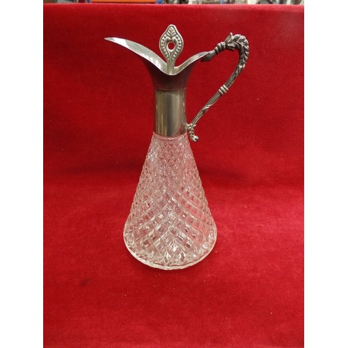 45 - A MID 20TH CENTURY GLASS CLARET JUG WITH SILVER PLATED SPOUT AND HANDLE