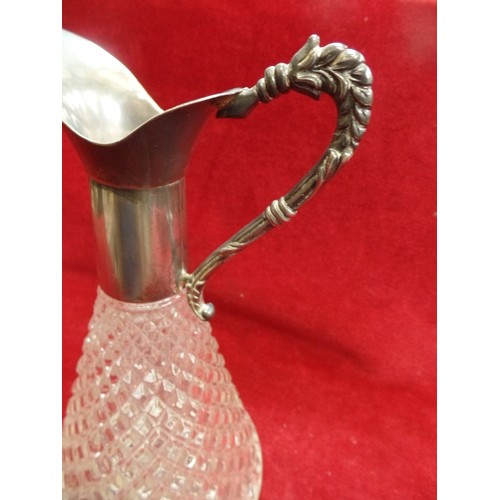 45 - A MID 20TH CENTURY GLASS CLARET JUG WITH SILVER PLATED SPOUT AND HANDLE