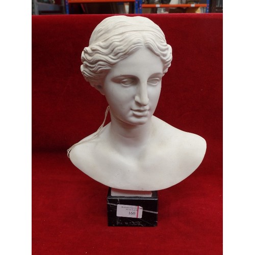 160 - AN ITALIAN CARVED ALABASTER BUST OF VENUS DI MILO - SIGNED G RUGGERI AND WITH PAPER LABEL TO THE MAR... 