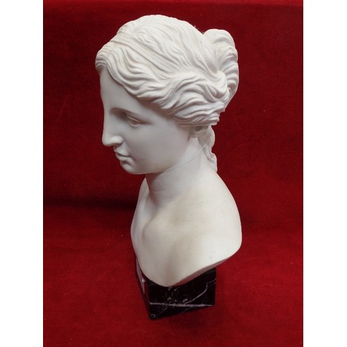 160 - AN ITALIAN CARVED ALABASTER BUST OF VENUS DI MILO - SIGNED G RUGGERI AND WITH PAPER LABEL TO THE MAR... 